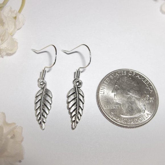 Silver Minimalist Leaf Earrings Dangle Drop Small Delicate Dainty Jewelry 6991 - Picture 2 of 8